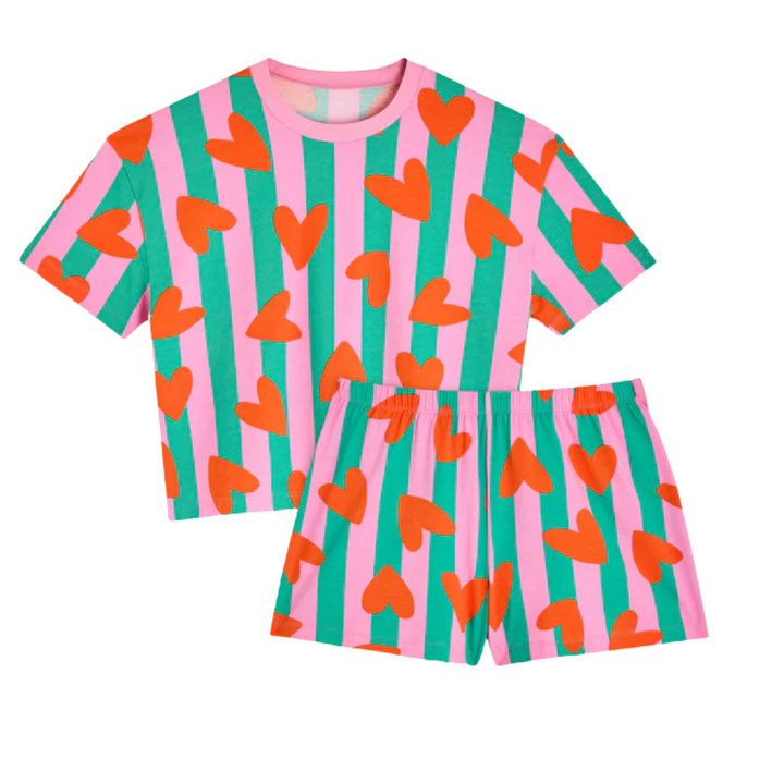 Kurzer Pyjama aus Bio-Baumwolle (Herzen Gestreift)