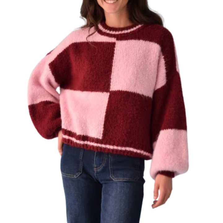 Pullover Karo "Sara" – Rosa & Burgundy