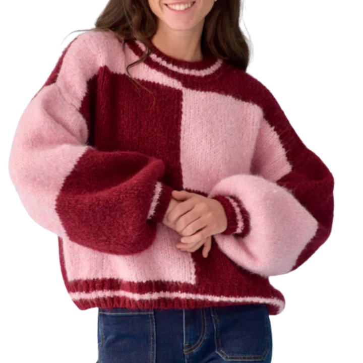 Pullover Karo "Sara" – Rosa & Burgundy