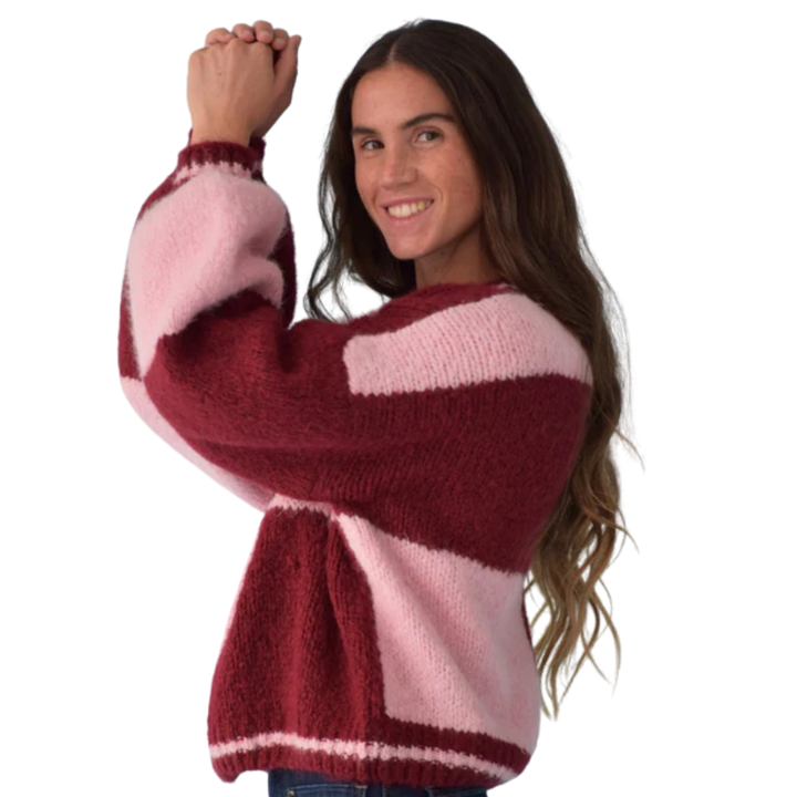 Pullover Karo "Sara" – Rosa & Burgundy