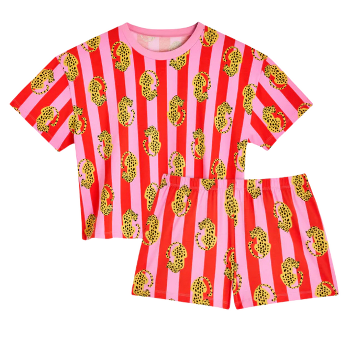 Kurzer Pyjama aus Bio-Baumwolle (Leopard Rot Gestreift)